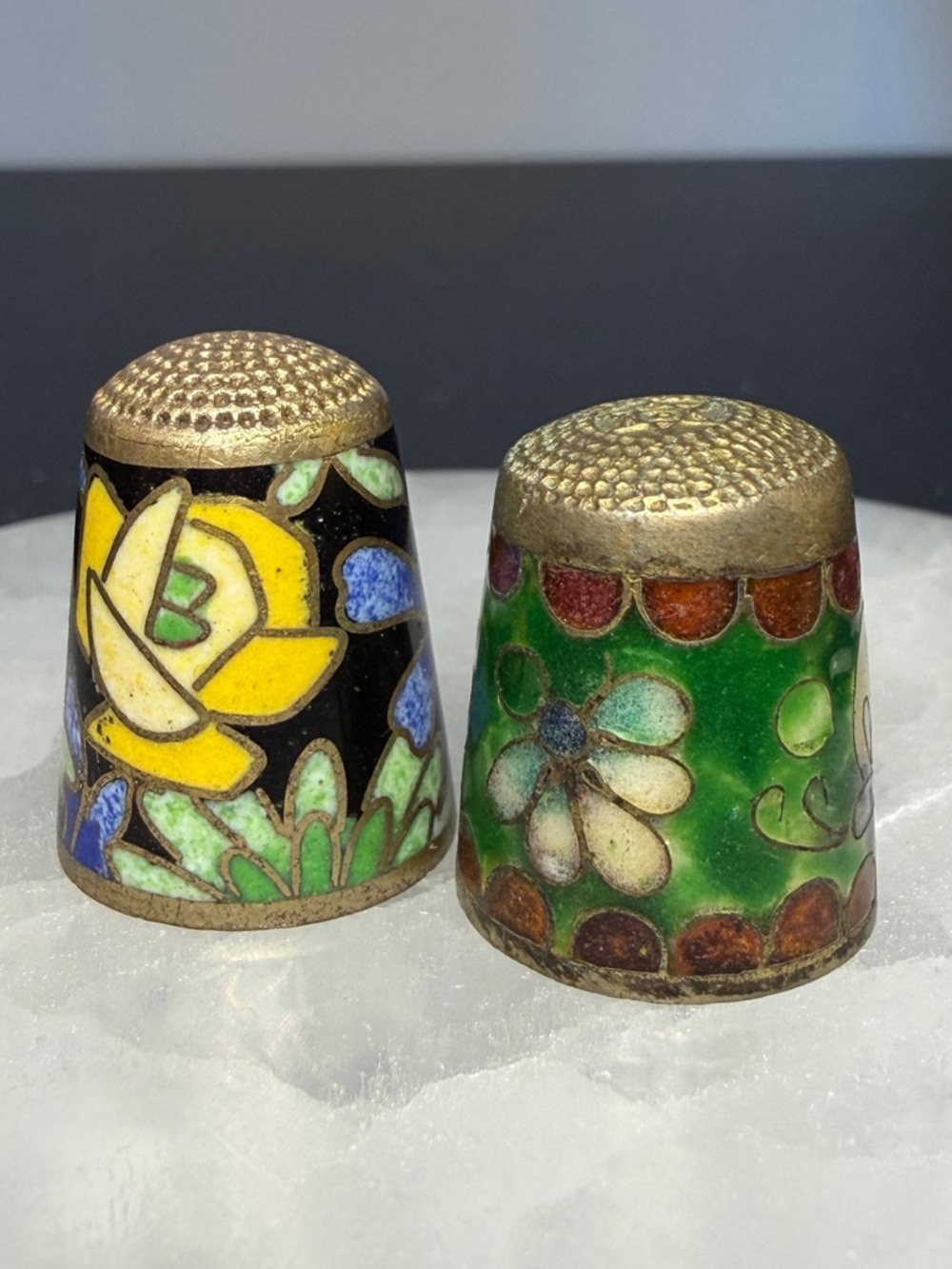 Hand Crafted Cloisonné Floral Thimbles in Yellow, Green, Blue